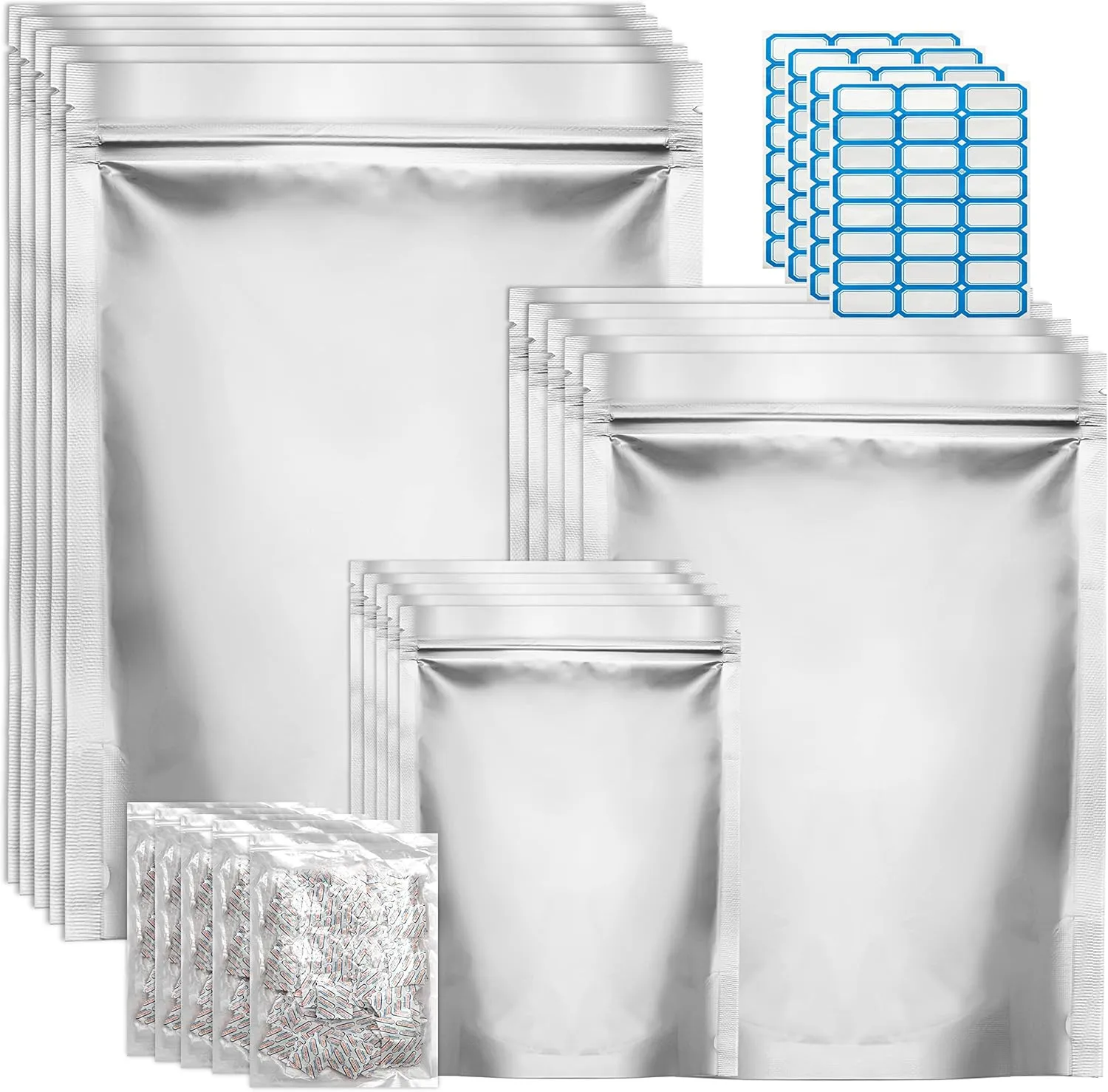 100 Pack Mylar Bags for Food Storage with 100x400cc Oxygen Absorbers - 9 Mil 10'' x14'' 6'' x9'' 4.3'' x6.3'' Resealable Long Term Products & Ziplock Grade Pouches, (Myl_1)