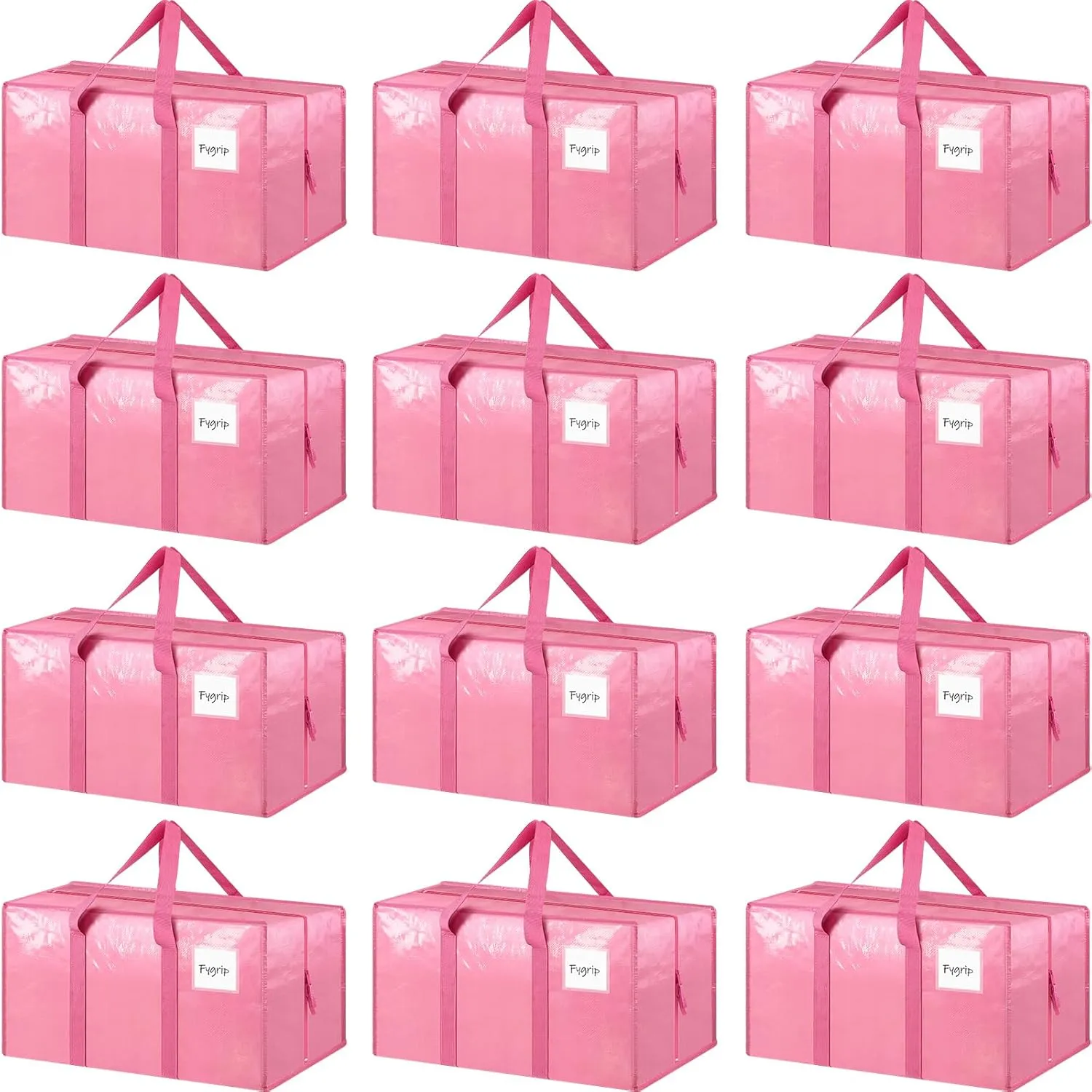 12 Pack Extra Heavy Duty Large Moving Bags with Strong Zipper & Comfortable Handles, Sturdy & Durable Clothes Storage Bags Totes Bins, Packing Moving Boxes for College Supplies, Pink