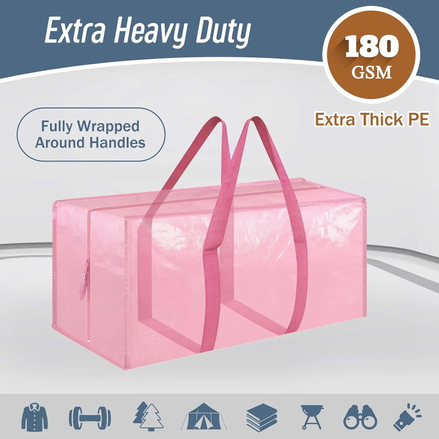 12 Pack Extra Heavy Duty Large Moving Bags with Strong Zipper & Comfortable Handles, Sturdy & Durable Clothes Storage Bags Totes Bins, Packing Moving Boxes for College Supplies, Pink