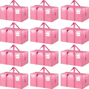 12 Pack Extra Heavy Duty Large Moving Bags with Strong Zipper & Comfortable Handles, Sturdy & Durable Clothes Storage Bags Totes Bins, Packing Moving Boxes for College Supplies, Pink