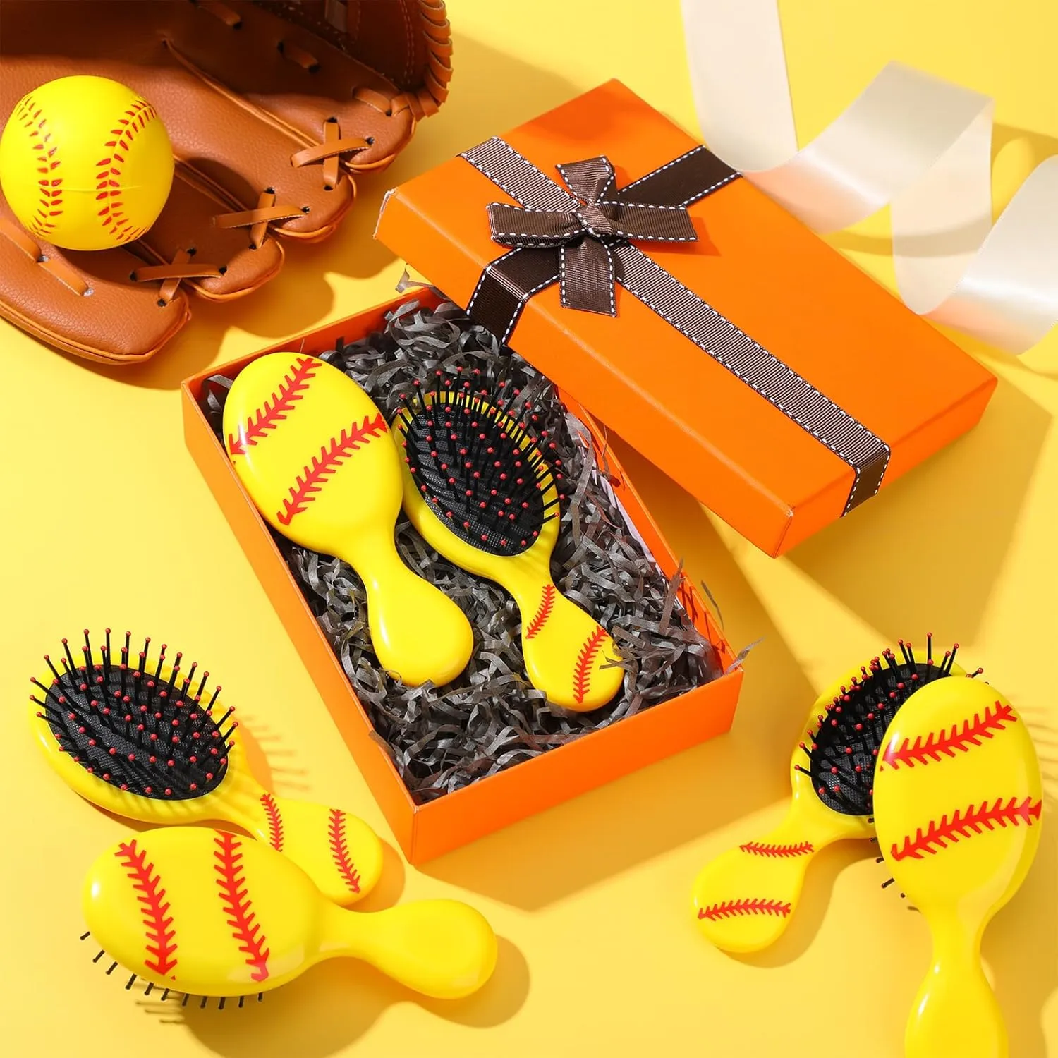 12 Pcs Mini Detangling Hair Brushes for Softball Team Gifts, Sports Parties - Plastic with Yellow Bristles