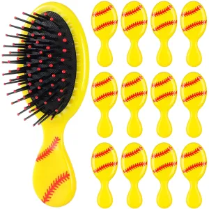 12 Pcs Mini Detangling Hair Brushes for Softball Team Gifts, Sports Parties - Plastic with Yellow Bristles