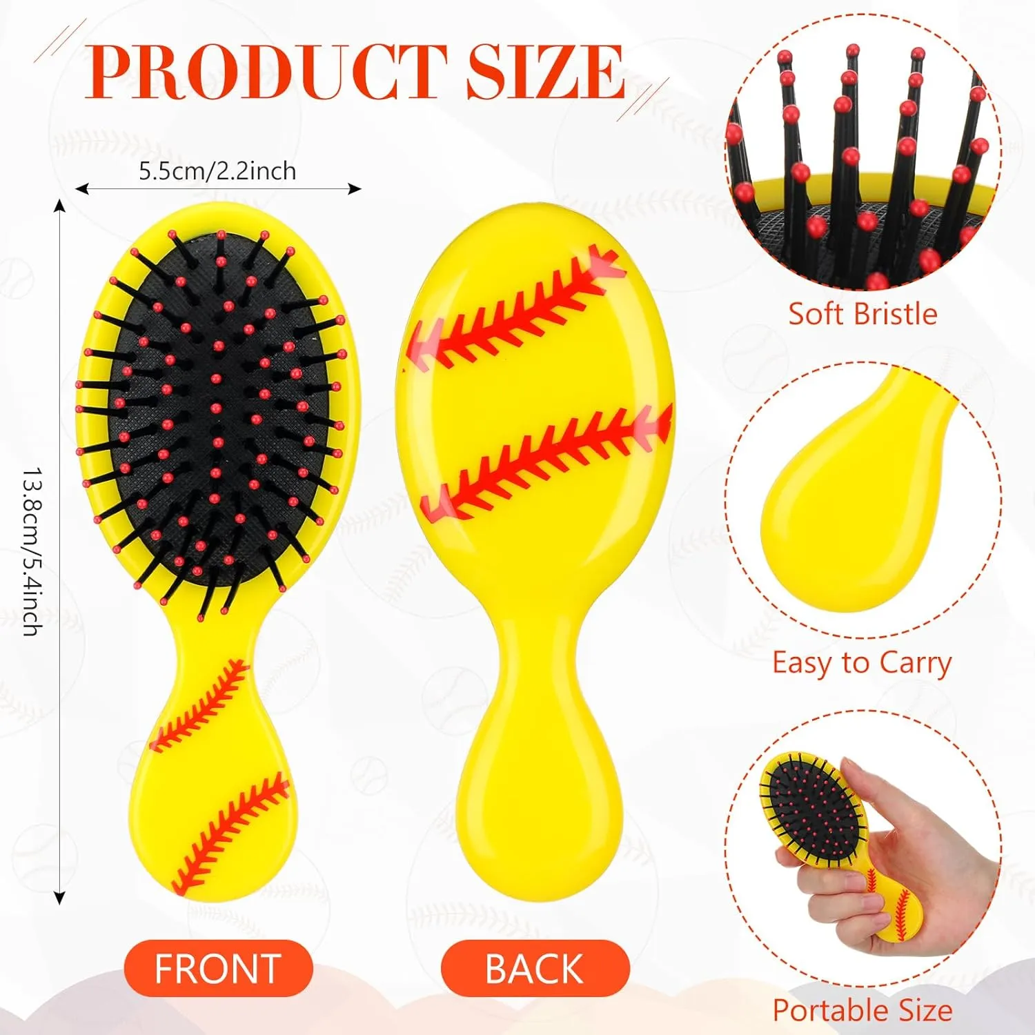 12 Pcs Mini Detangling Hair Brushes for Softball Team Gifts, Sports Parties - Plastic with Yellow Bristles