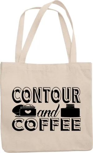 12oz Canvas Tote Bag - Contour and Coffee, Quote About Caffeine & Makeup Skill - Beauty Themed Merch for Makeup Artist or Cosmetologist, Gift for Makeup Lovers & Beauticians