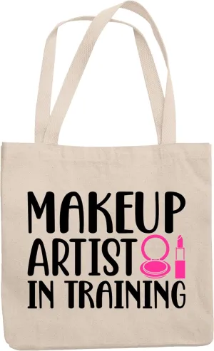 12oz Canvas Tote Bag - Makeup Artist in Training with Compact Mirror & Lipstick Design - Beauty Themed Merch for Makeup Artist or Cosmetologist, Gift for Makeup Lovers & Beauticians