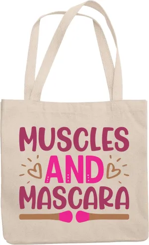 12oz Canvas Tote Bag - Muscles and Mascara with Heart and Brushes Design - Beauty Themed Merch for Makeup Artist or Cosmetologist, Gift for Makeup Lovers & Beauticians