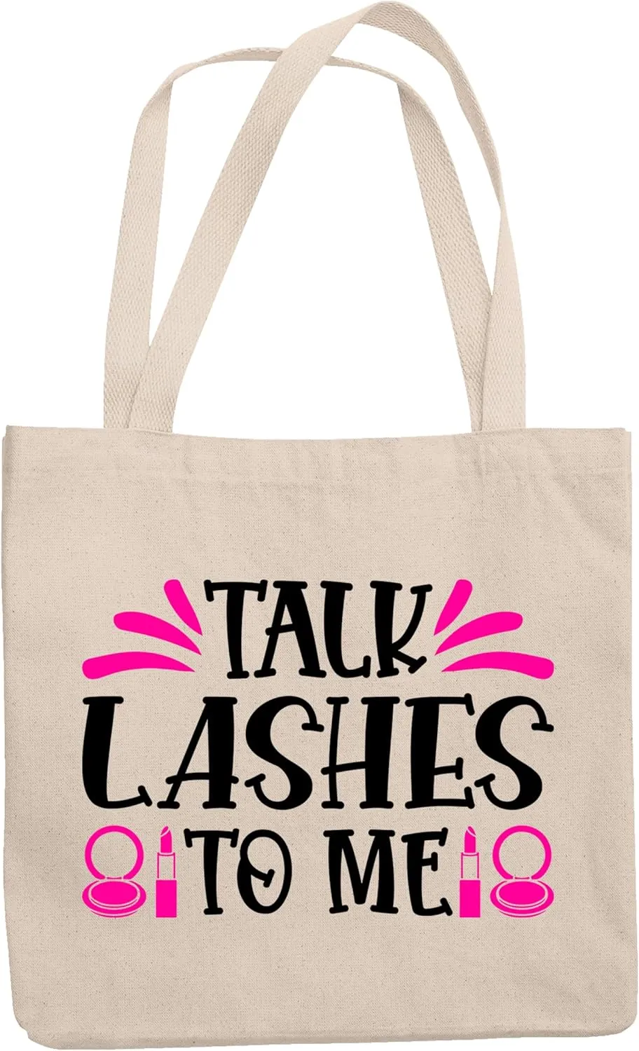 12oz Canvas Tote Bag - Talk Lashes to Me Quote with Compact Mirror & Lipstick Design - Beauty Themed Merch for Makeup Artist or Cosmetologist, Gift for Makeup Lovers & Beauticians