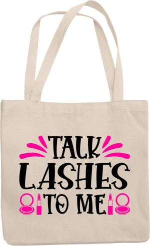 12oz Canvas Tote Bag - Talk Lashes to Me Quote with Compact Mirror & Lipstick Design - Beauty Themed Merch for Makeup Artist or Cosmetologist, Gift for Makeup Lovers & Beauticians
