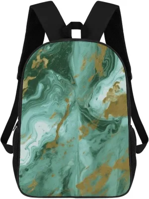 17 Inch Backpack Cute Lightweight Laptop Backpack Casual Daypack for Women Men Green Gold Marble
