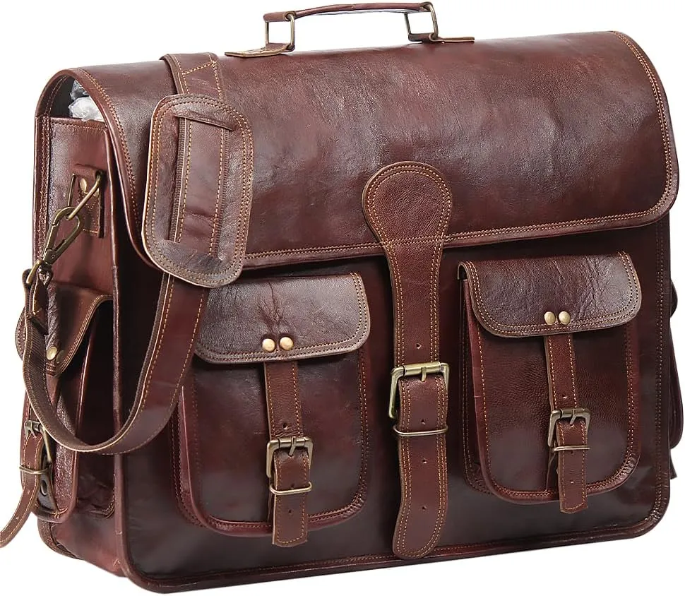 18 Inch Genuine Leather Vintage Messenger Bag - Briefcase Style for Men