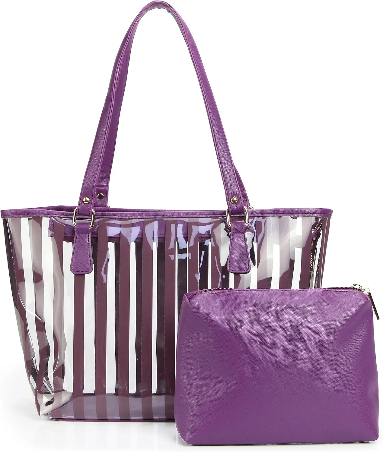 2 in 1 Semi Clear Purse Beach Tote Bags Large Work Shoulder Bag with Interior Pouch