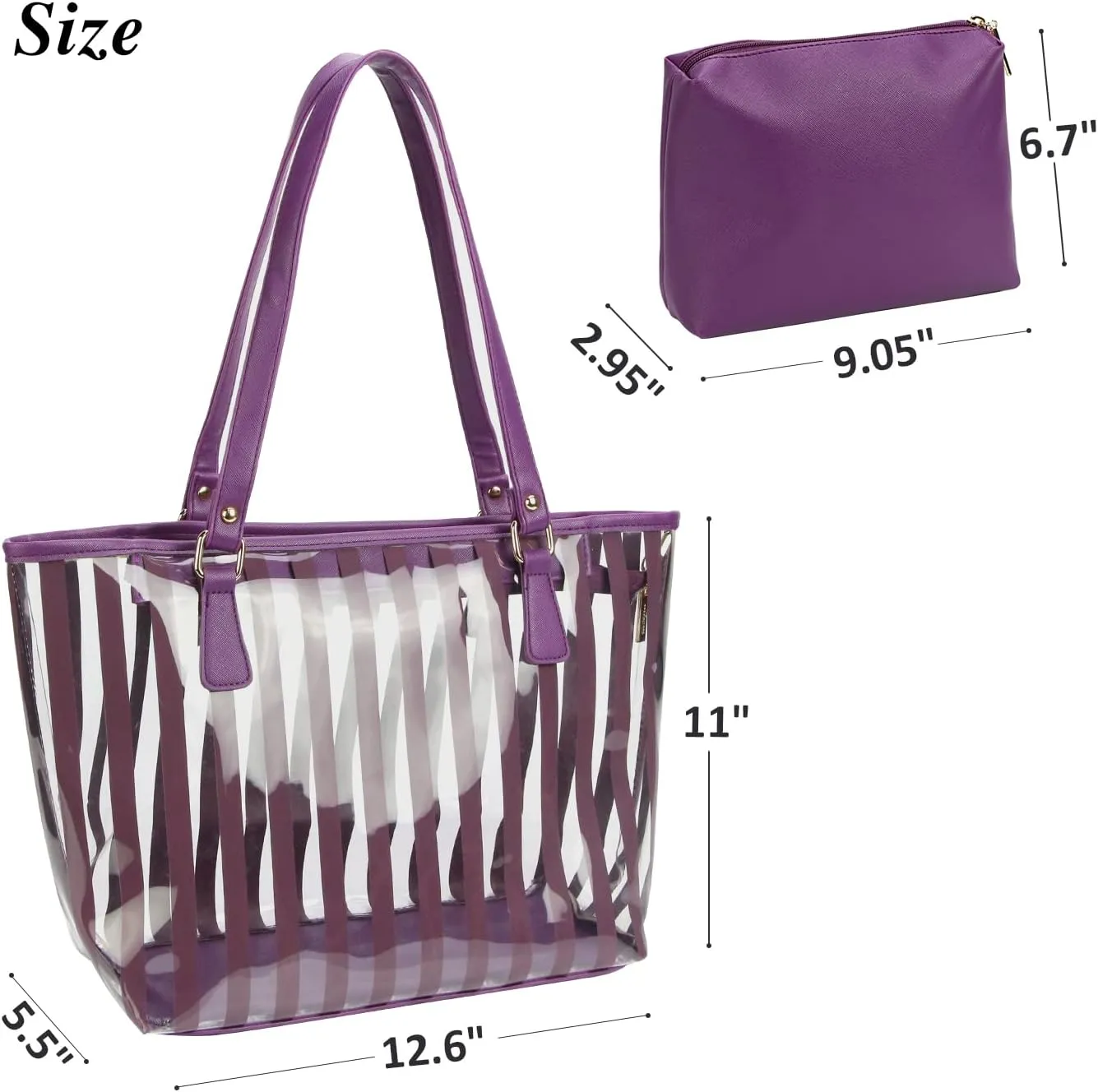 2 in 1 Semi Clear Purse Beach Tote Bags Large Work Shoulder Bag with Interior Pouch