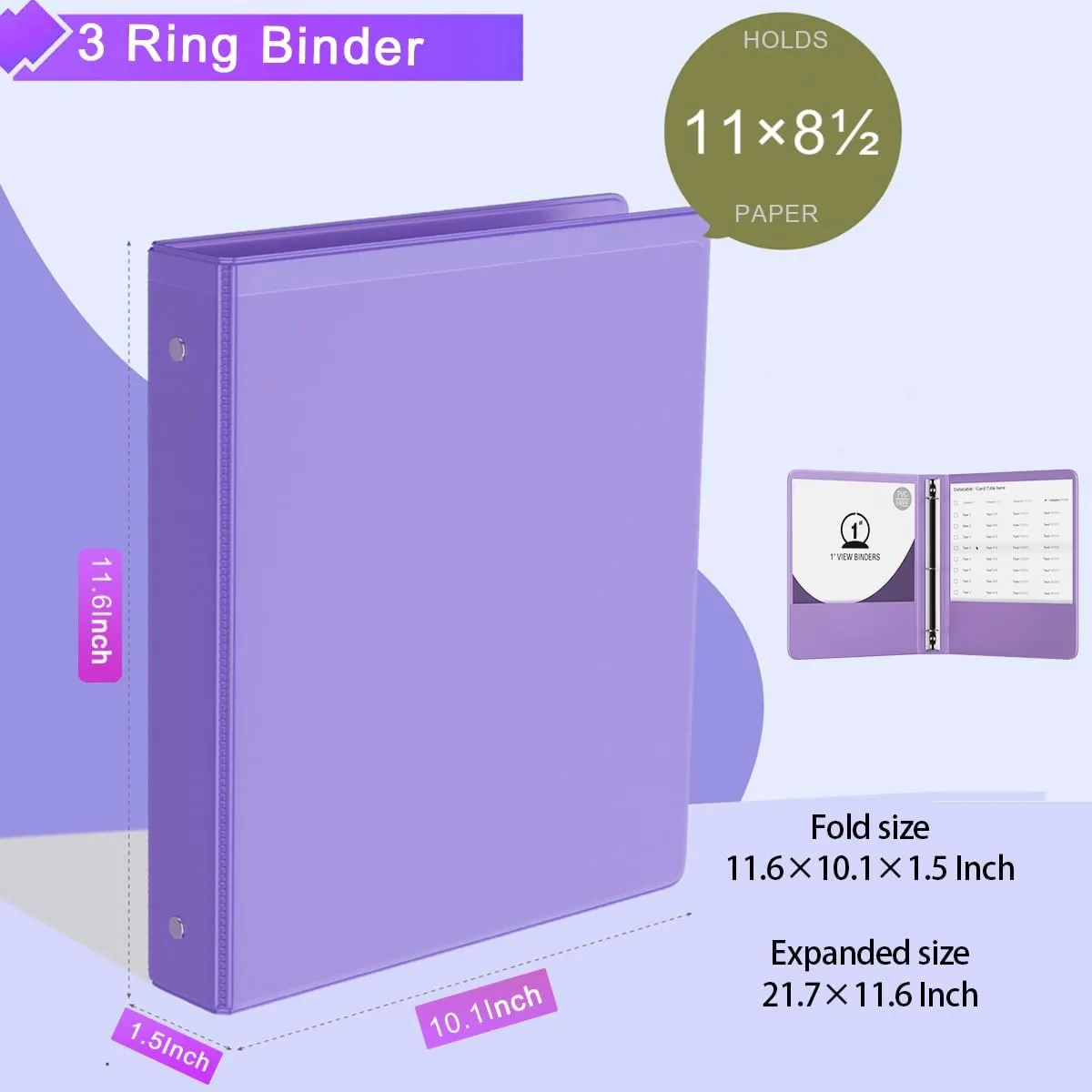 2-Inch Binder 3 Ring, Round Ring with 2 Interior Pockets, Holds 450 Sheets Letter Size Paper, Durable Plastic View Binders for School, Office, and Home