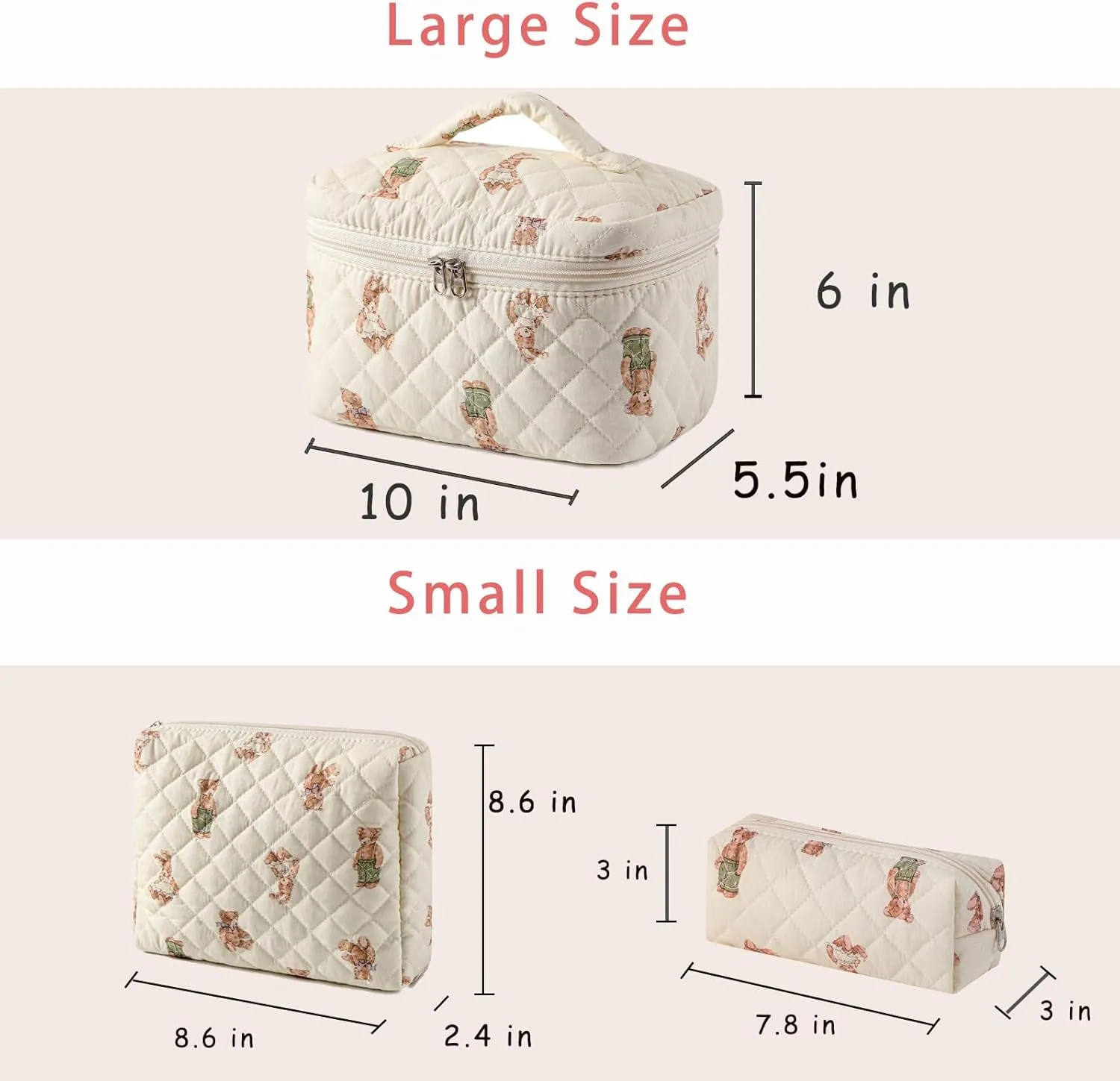 3 Pcs Quilted Cotton Makeup Pouch, Coquette Floral Quilted Toiletry Makeup Bag for Women and Girls, Aesthetic Travel Organized Cosmetic Bags(03Bear Pattern)