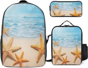 3 Piece Backpack for Women Men Lightweight Causal Daypack Shoulder Bag Set with Insulated Lunch Bag And Pencil Case Organizers 3D Beautiful Maritime Summer Starfish