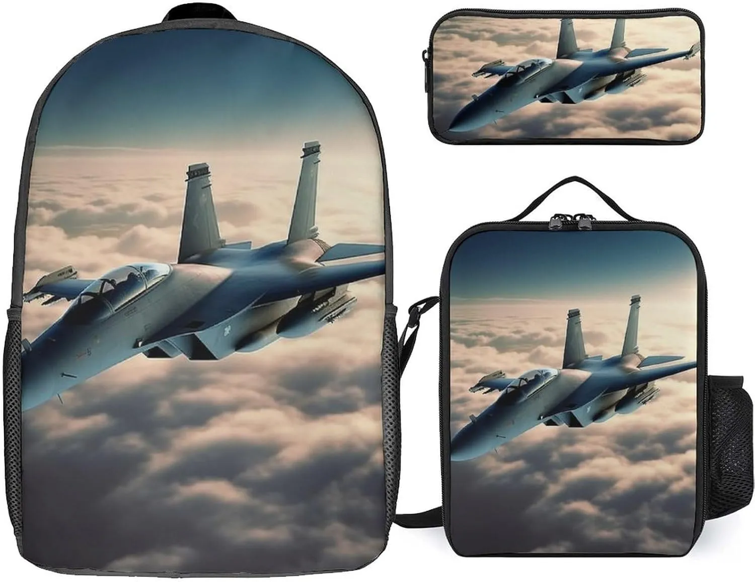 3 Piece Backpack for Women Men Lightweight Causal Daypack Shoulder Bag Set with Insulated Lunch Bag And Pencil Case Organizers Aircraft Fighter Jets