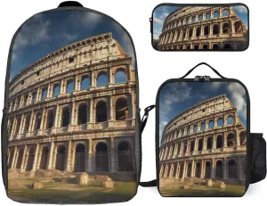 3 Piece Backpack for Women Men Lightweight Causal Daypack Shoulder Bag Set with Insulated Lunch Bag And Pencil Case Organizers Ancient Architecture