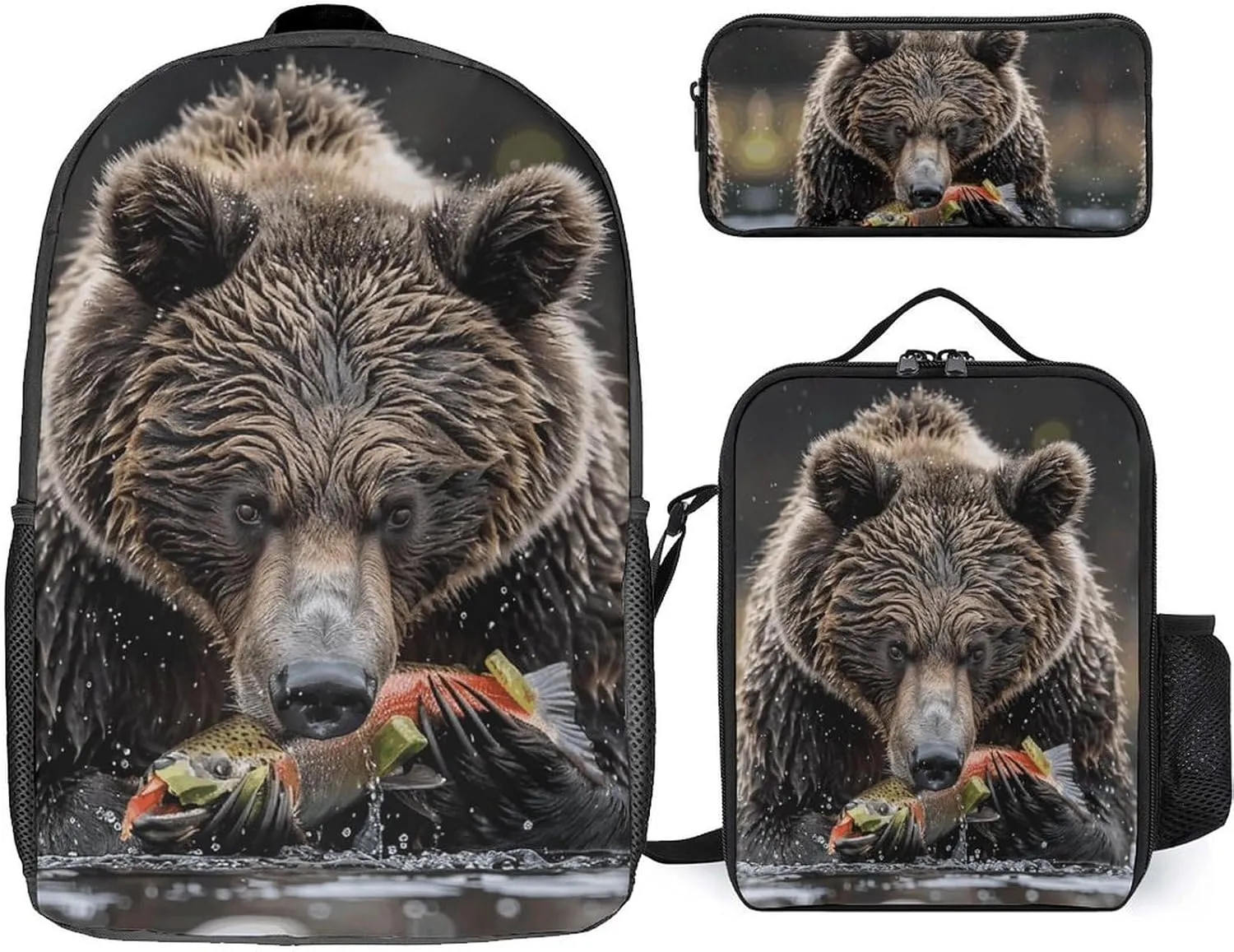3 Piece Backpack for Women Men Lightweight Causal Daypack Shoulder Bag Set with Insulated Lunch Bag And Pencil Case Organizers Bear Eats Fish