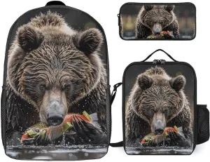 3 Piece Backpack for Women Men Lightweight Causal Daypack Shoulder Bag Set with Insulated Lunch Bag And Pencil Case Organizers Bear Eats Fish