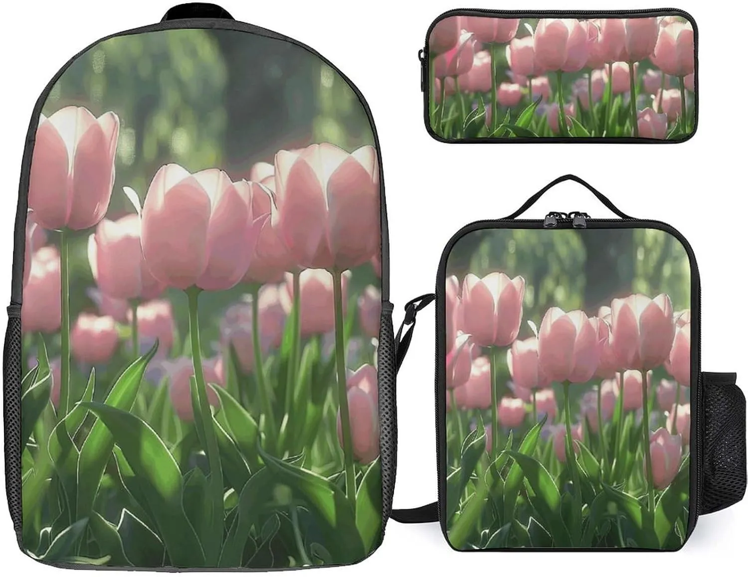 3 Piece Backpack for Women Men Lightweight Causal Daypack Shoulder Bag Set with Insulated Lunch Bag And Pencil Case Organizers Blooming Peach Tulips