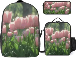 3 Piece Backpack for Women Men Lightweight Causal Daypack Shoulder Bag Set with Insulated Lunch Bag And Pencil Case Organizers Blooming Peach Tulips