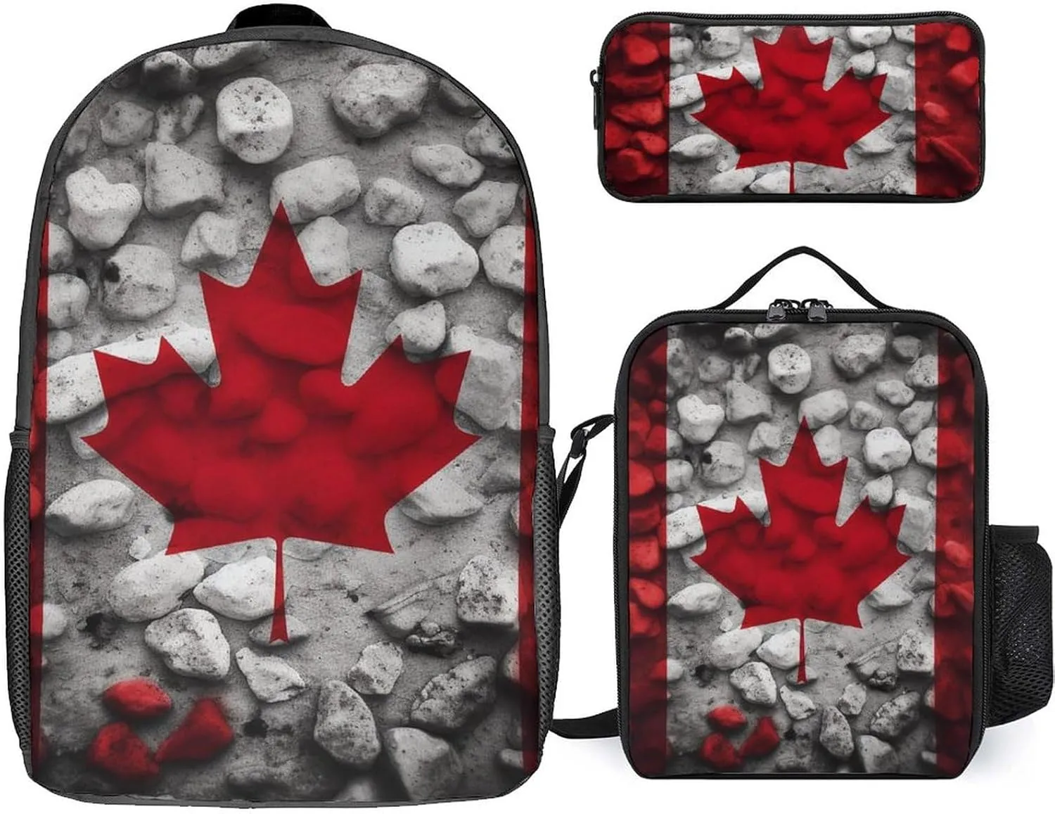 3 Piece Backpack for Women Men Lightweight Causal Daypack Shoulder Bag Set with Insulated Lunch Bag And Pencil Case Organizers Canada Flag Wallpapers