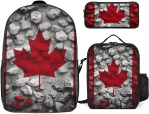 3 Piece Backpack for Women Men Lightweight Causal Daypack Shoulder Bag Set with Insulated Lunch Bag And Pencil Case Organizers Canada Flag Wallpapers