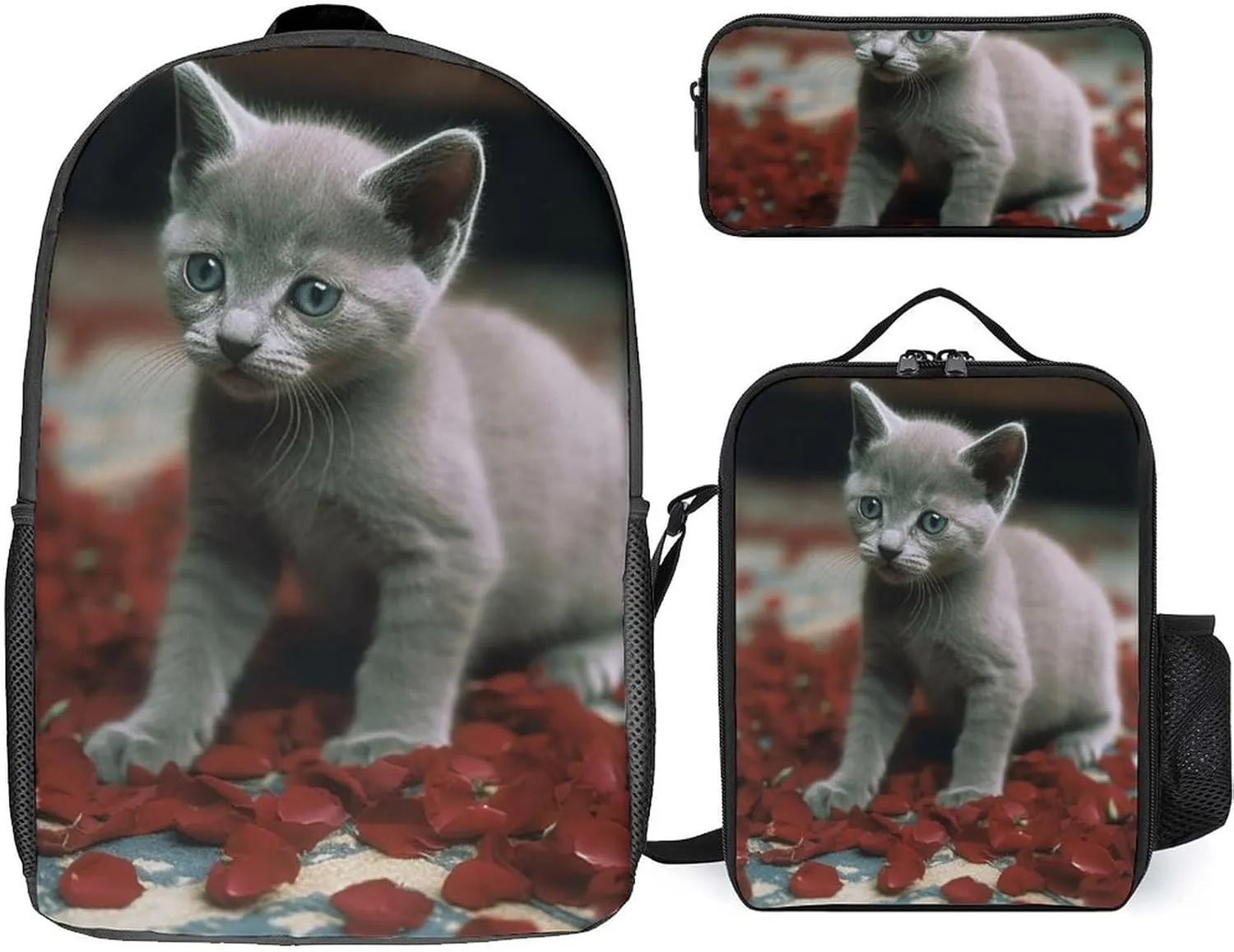 3 Piece Backpack for Women Men Lightweight Causal Daypack Shoulder Bag Set with Insulated Lunch Bag And Pencil Case Organizers Cat And Petals