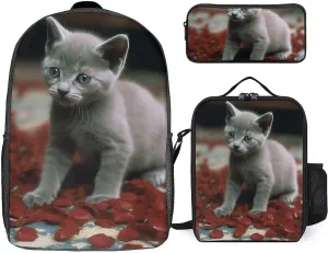 3 Piece Backpack for Women Men Lightweight Causal Daypack Shoulder Bag Set with Insulated Lunch Bag And Pencil Case Organizers Cat And Petals