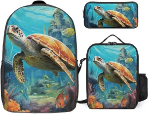 3 Piece Backpack for Women Men Lightweight Causal Daypack Shoulder Bag Set with Insulated Lunch Bag And Pencil Case Organizers Dolphins Sea Turtle Coral Reef