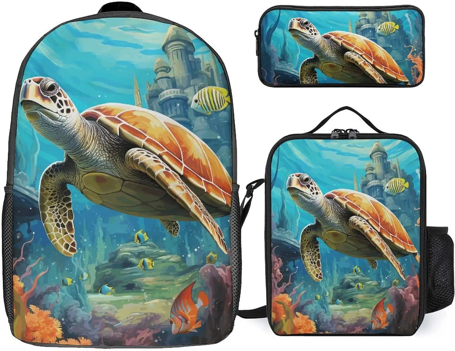 3 Piece Backpack for Women Men Lightweight Causal Daypack Shoulder Bag Set with Insulated Lunch Bag And Pencil Case Organizers Dolphins Sea Turtle Coral Reef