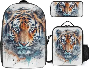 3 Piece Backpack for Women Men Lightweight Causal Daypack Shoulder Bag Set with Insulated Lunch Bag And Pencil Case Organizers Draw A Tiger Face