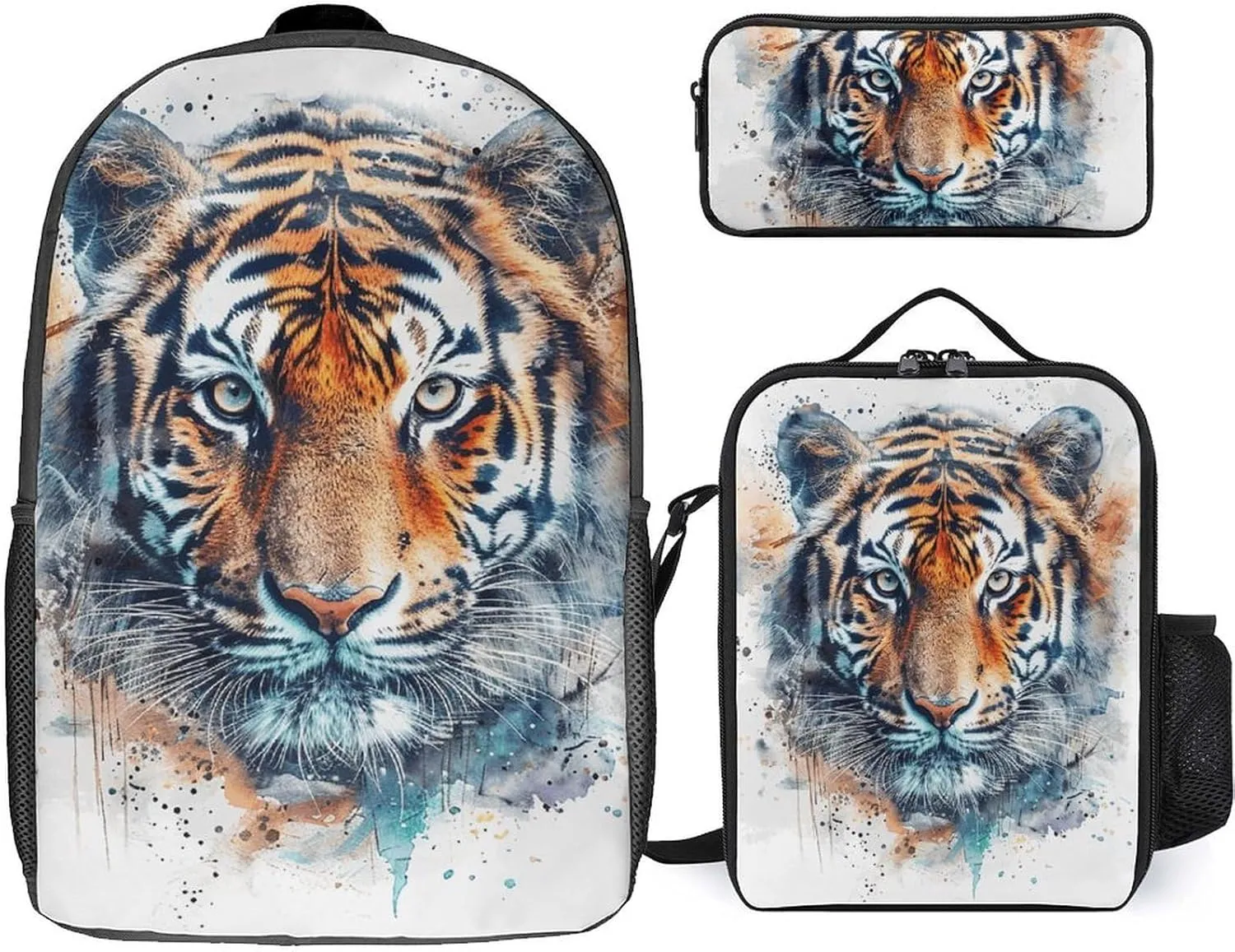 3 Piece Backpack for Women Men Lightweight Causal Daypack Shoulder Bag Set with Insulated Lunch Bag And Pencil Case Organizers Draw A Tiger Face