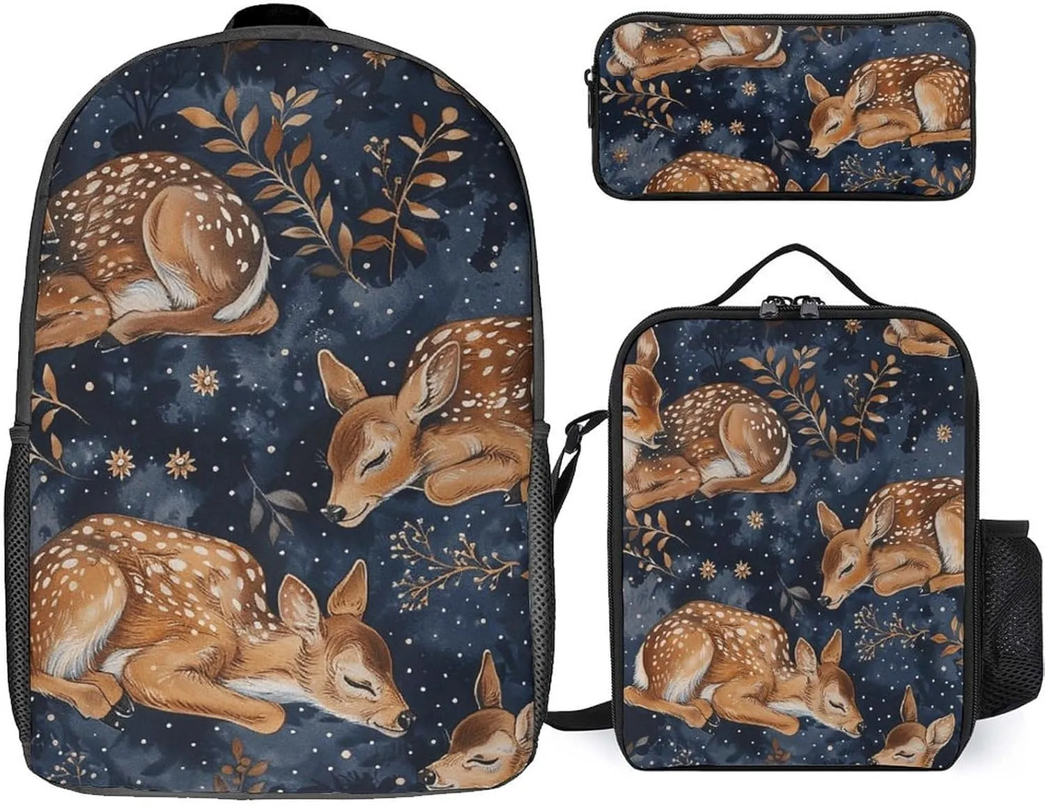 3 Piece Backpack for Women Men Lightweight Causal Daypack Shoulder Bag Set with Insulated Lunch Bag And Pencil Case Organizers Little Deer Sleeping