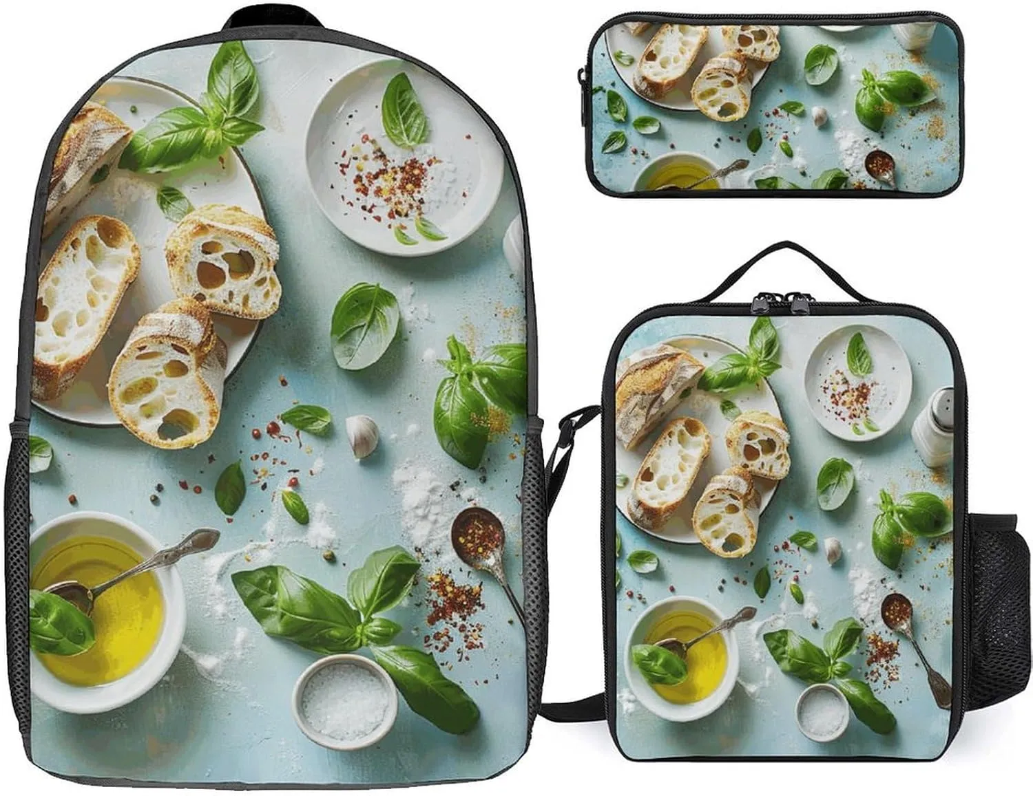 3 Piece Backpack for Women Men Lightweight Causal Daypack Shoulder Bag Set with Insulated Lunch Bag And Pencil Case Organizers Olive Oil And Bread