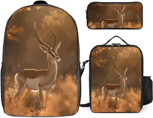 3 Piece Backpack for Women Men Lightweight Causal Daypack Shoulder Bag Set with Insulated Lunch Bag And Pencil Case Organizers Standing on The Prairie