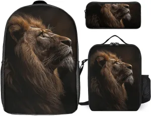 3 Piece Backpack for Women Men Lightweight Causal Daypack Shoulder Bag Set with Insulated Lunch Bag And Pencil Case Organizers The Lion Raises Its Head