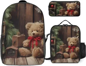 3 Piece Backpack for Women Men Lightweight Causal Daypack Shoulder Bag Set with Insulated Lunch Bag And Pencil Case Organizers Xmas Tree Branch Bear Doll