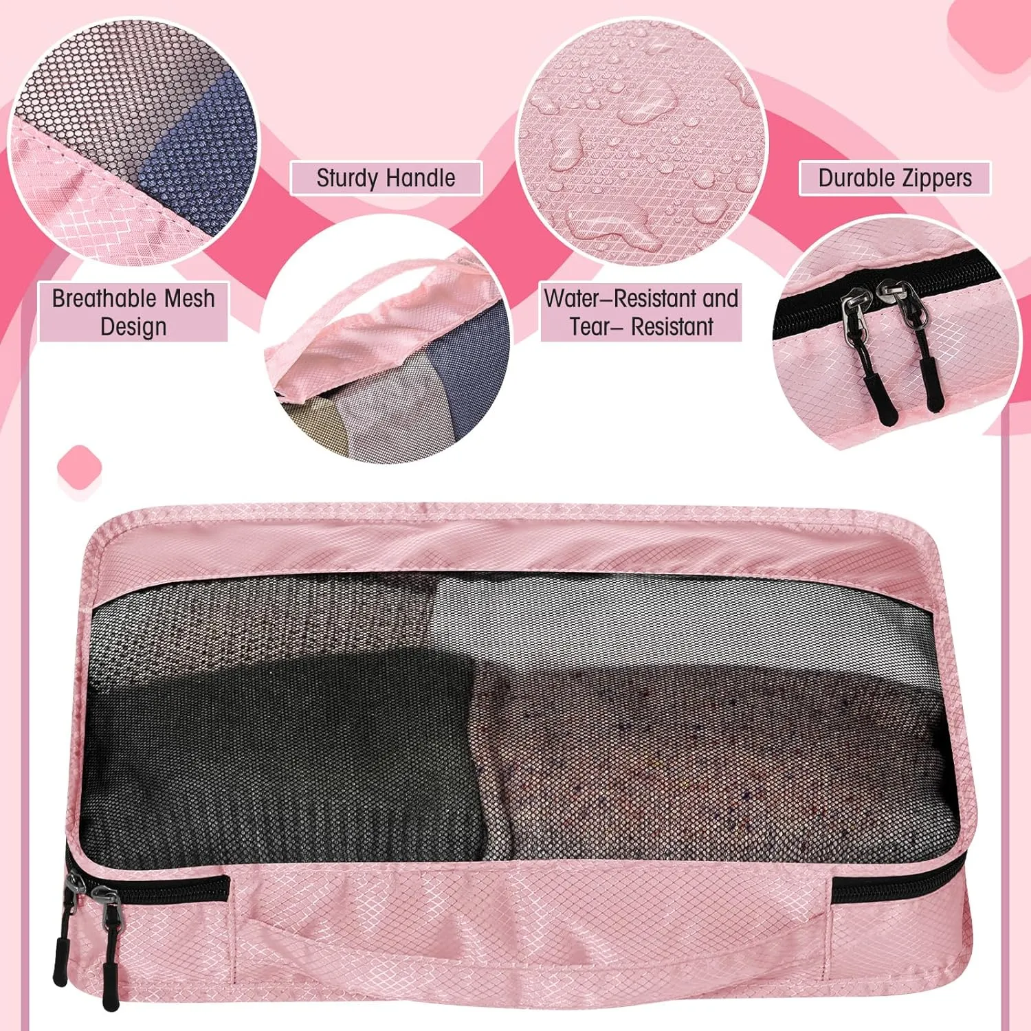 5 Pcs Packing Cubes for Suitcase Large Travel Cubes Carry on Luggage Organizer Bags for Clothes Accessories(L,Pink)