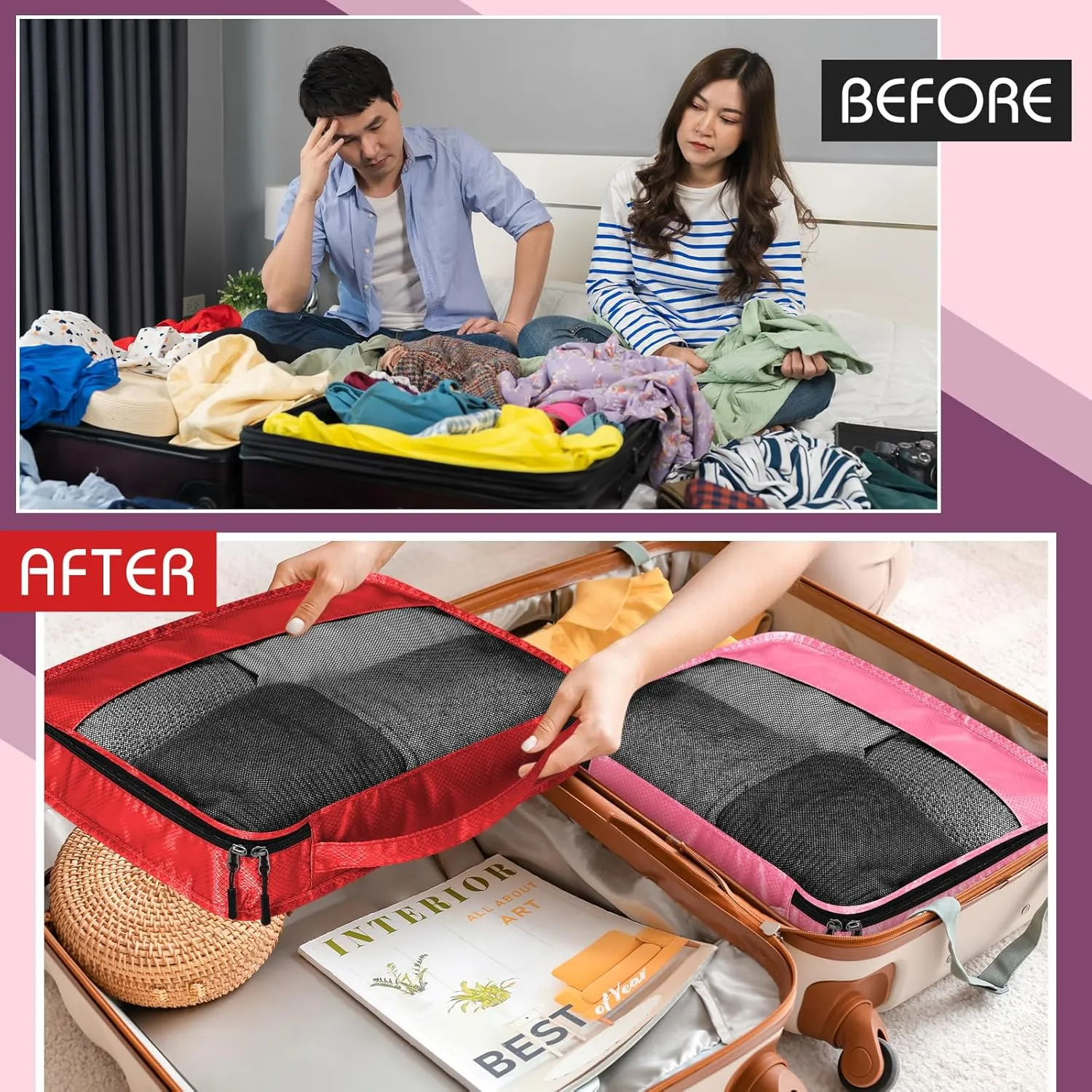 5 Pcs Packing Cubes for Suitcase Large Travel Cubes Carry on Luggage Organizer Bags for Clothes Accessories(L,Purple)