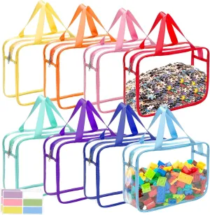 8 Packs 8 Colors Large Toy Storage Bags with Zipper and Labels, Clear PVC Waterproof Toy Organizers Bags for Board Games, Puzzles Pieces, Building Blocks, Handmade Accessories, Kid Books