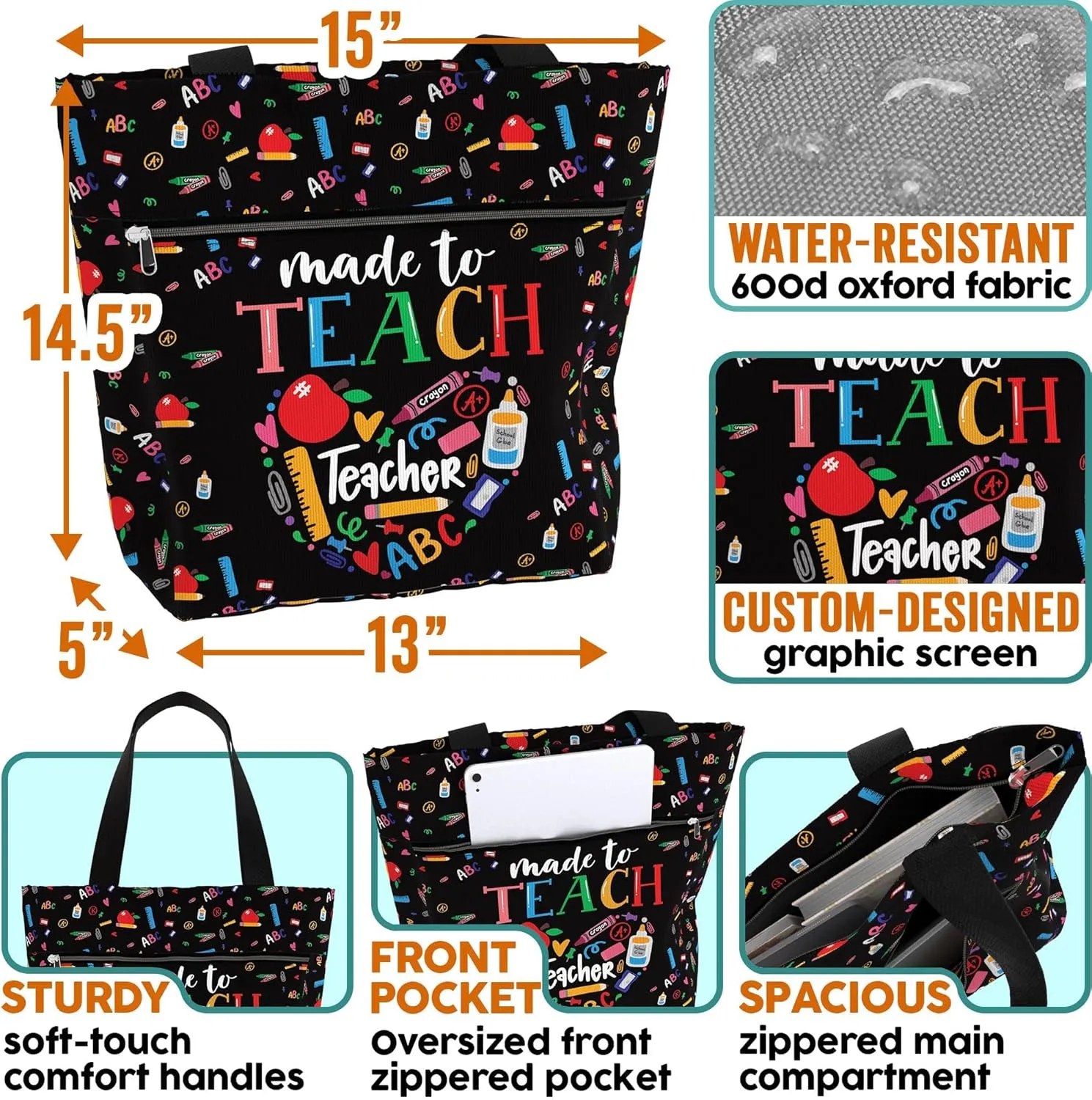 84hoods Large Tote Bag for Women Teacher. Aesthetic Shoulder Bag with Pockets and Zipper for Work. Gift for Teacher.