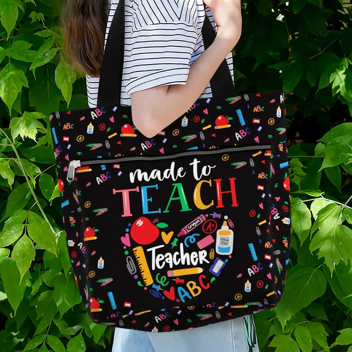 84hoods Large Tote Bag for Women Teacher. Aesthetic Shoulder Bag with Pockets and Zipper for Work. Gift for Teacher.