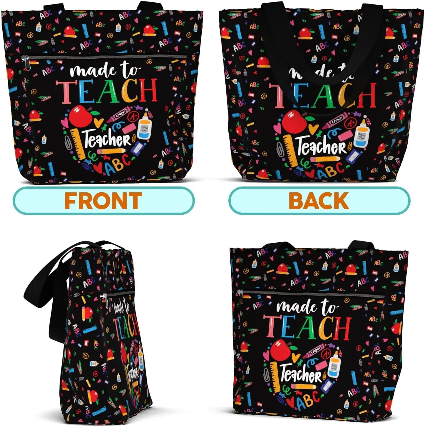 84hoods Large Tote Bag for Women Teacher. Aesthetic Shoulder Bag with Pockets and Zipper for Work. Gift for Teacher.