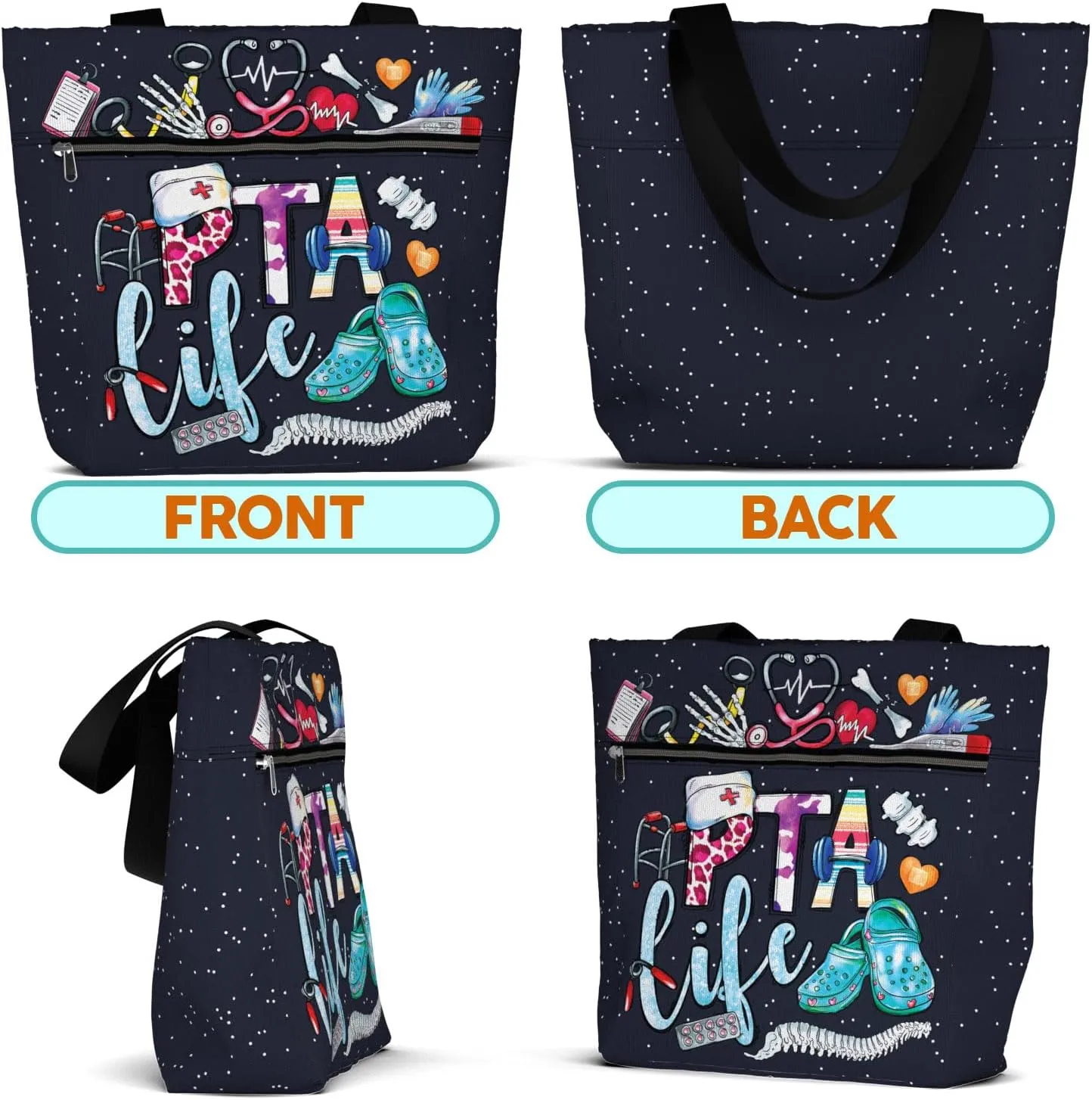84hoods Large Waterproof Tote Bag with Pockets and Zipper for Work. Gift for Nurse. Shoulder Bag for Women.