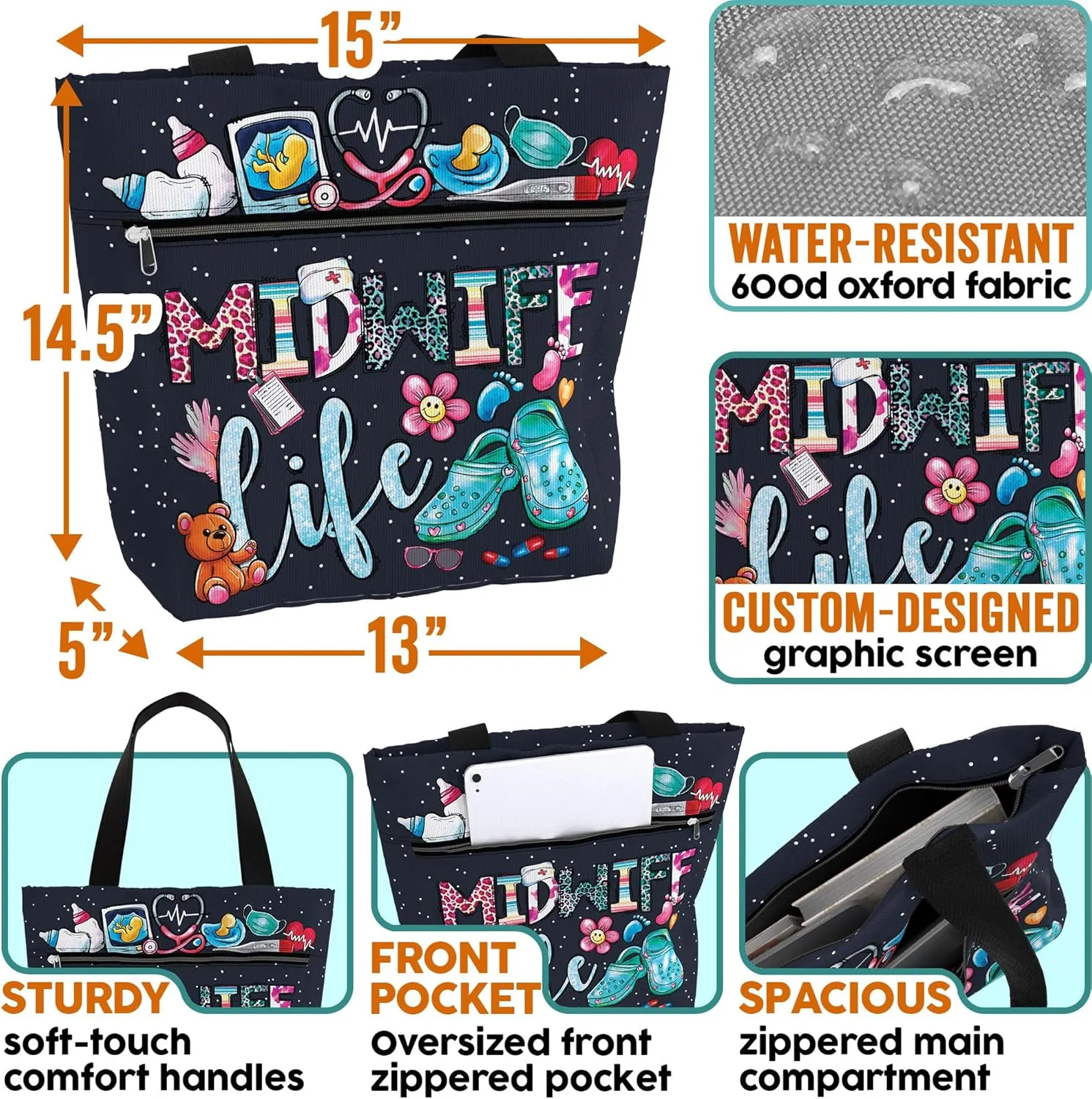 84hoods Large Waterproof Tote Bag with Pockets and Zipper for Work. Gift for Nurse. Shoulder Bag for Women.