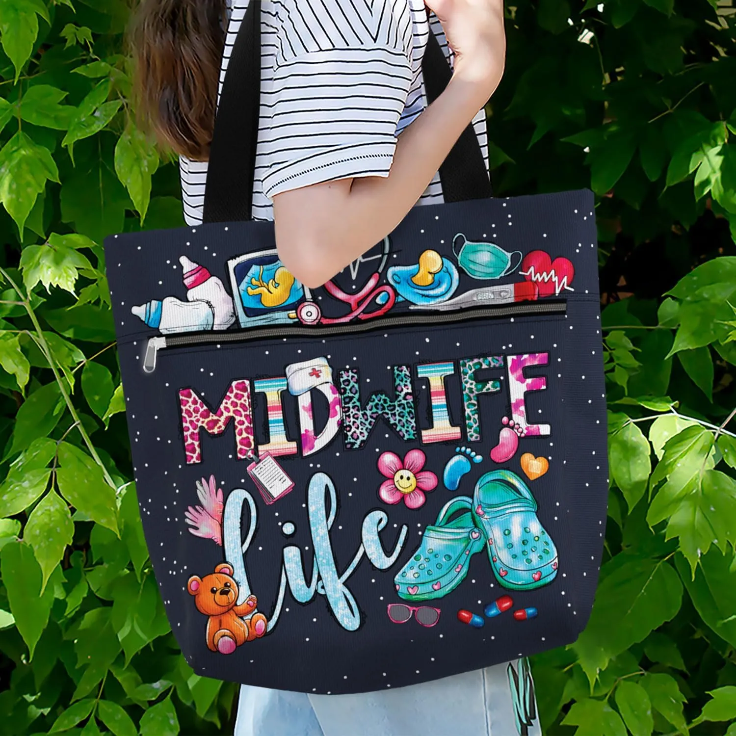 84hoods Large Waterproof Tote Bag with Pockets and Zipper for Work. Gift for Nurse. Shoulder Bag for Women.