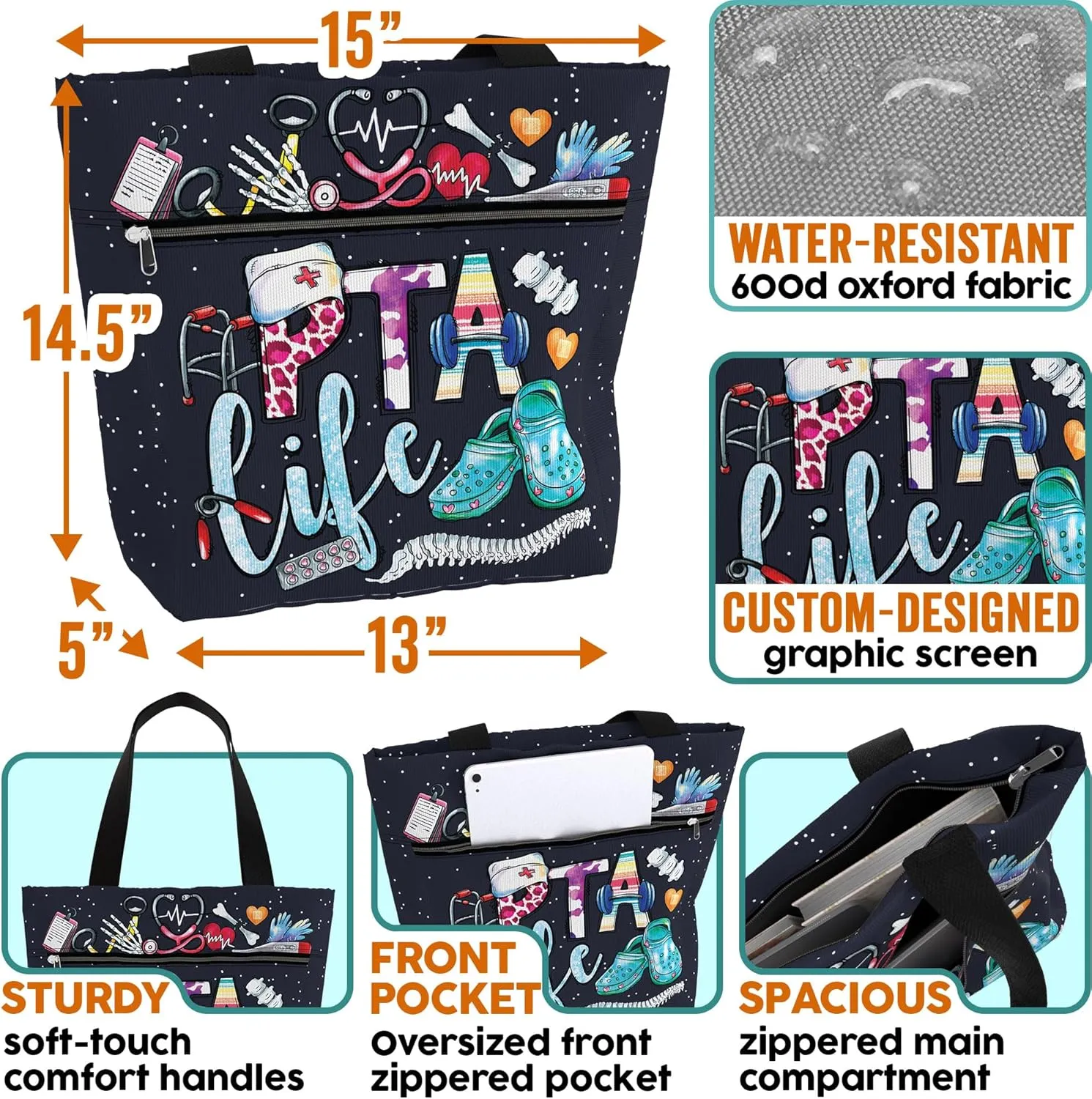 84hoods Large Waterproof Tote Bag with Pockets and Zipper for Work. Gift for Nurse. Shoulder Bag for Women.