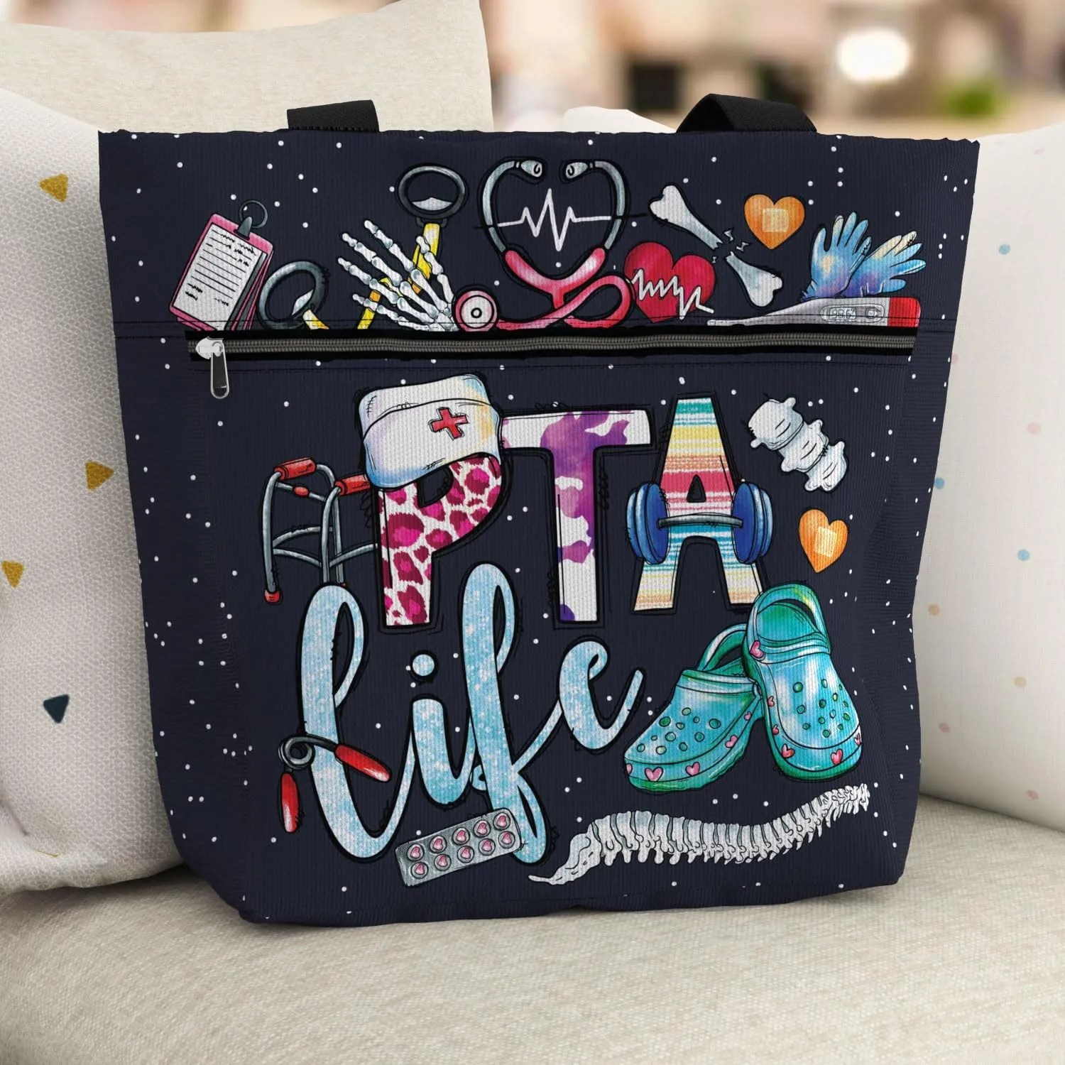 84hoods Large Waterproof Tote Bag with Pockets and Zipper for Work. Gift for Nurse. Shoulder Bag for Women.