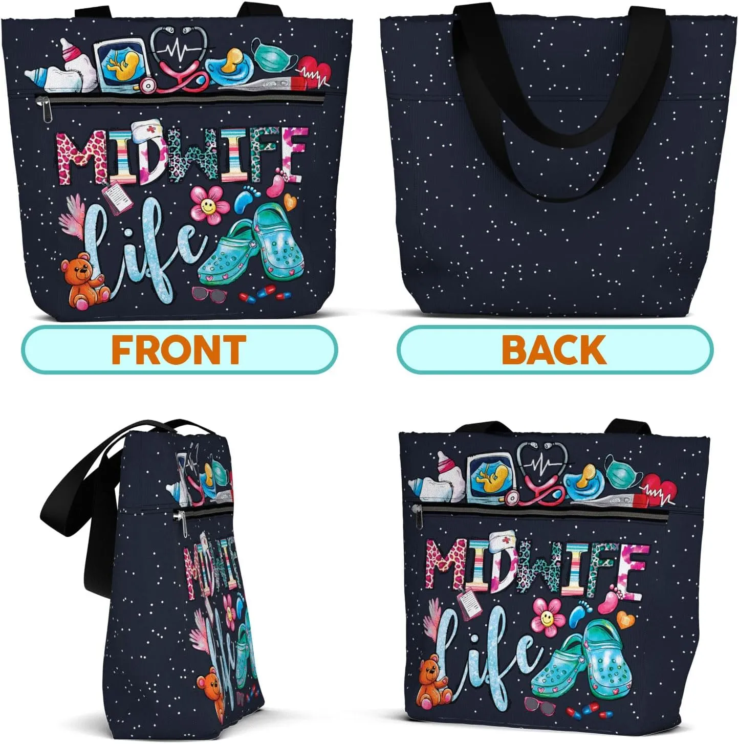 84hoods Large Waterproof Tote Bag with Pockets and Zipper for Work. Gift for Nurse. Shoulder Bag for Women.